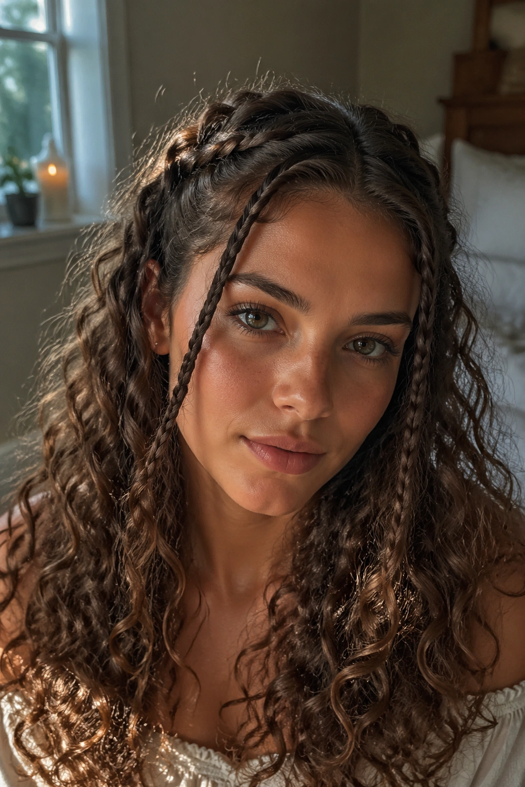 Close-up of a real person with loose face-framing braids at the temples