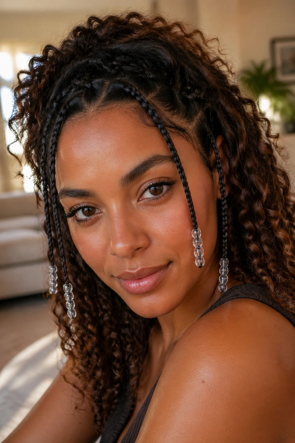 Close-up of a real woman with face-framing mini braids and clear beads
