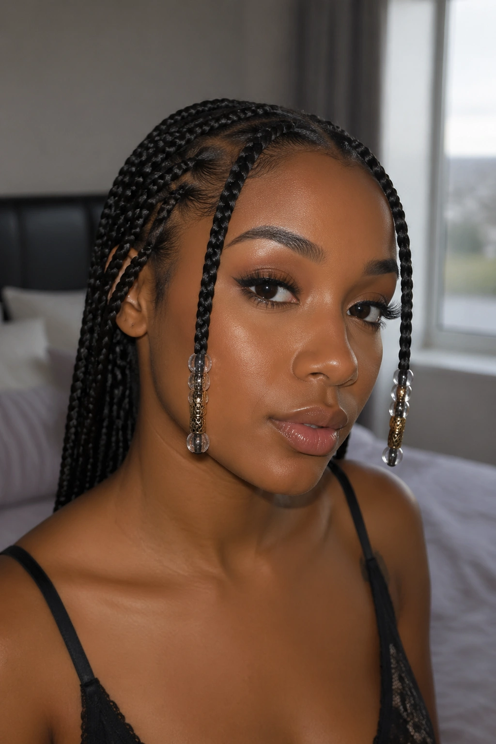Close-up of a real woman with face-framing box braids and beads.