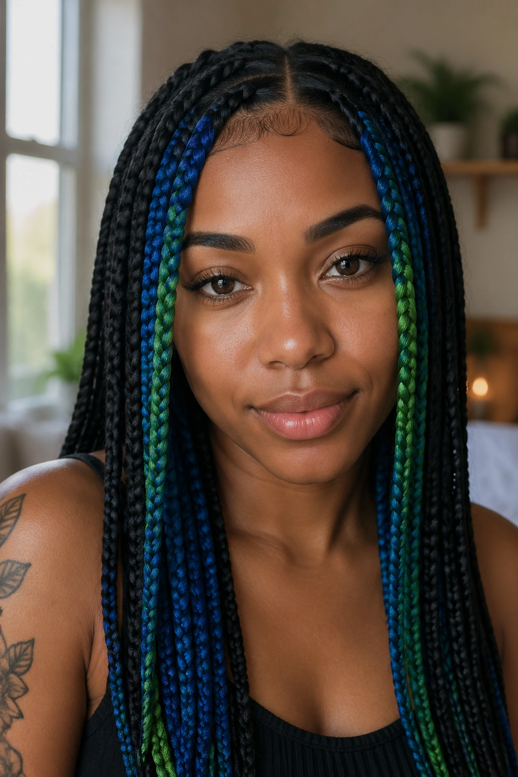 Close-up of a real person with face-framing blue and green box braids.