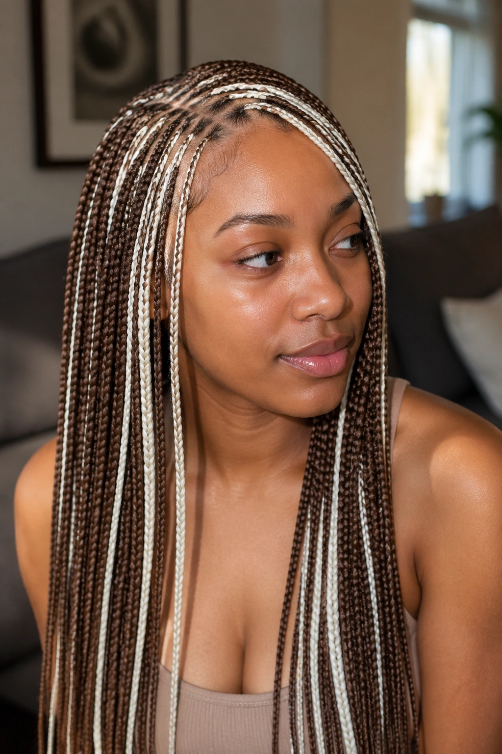 Real woman wearing side-part brown and white face-framing box braids.