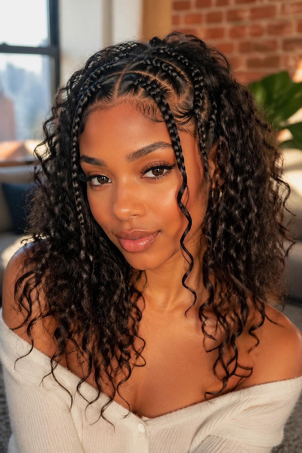 Close-up of a woman with face-framing feed-in braids and loose curls in warm window light