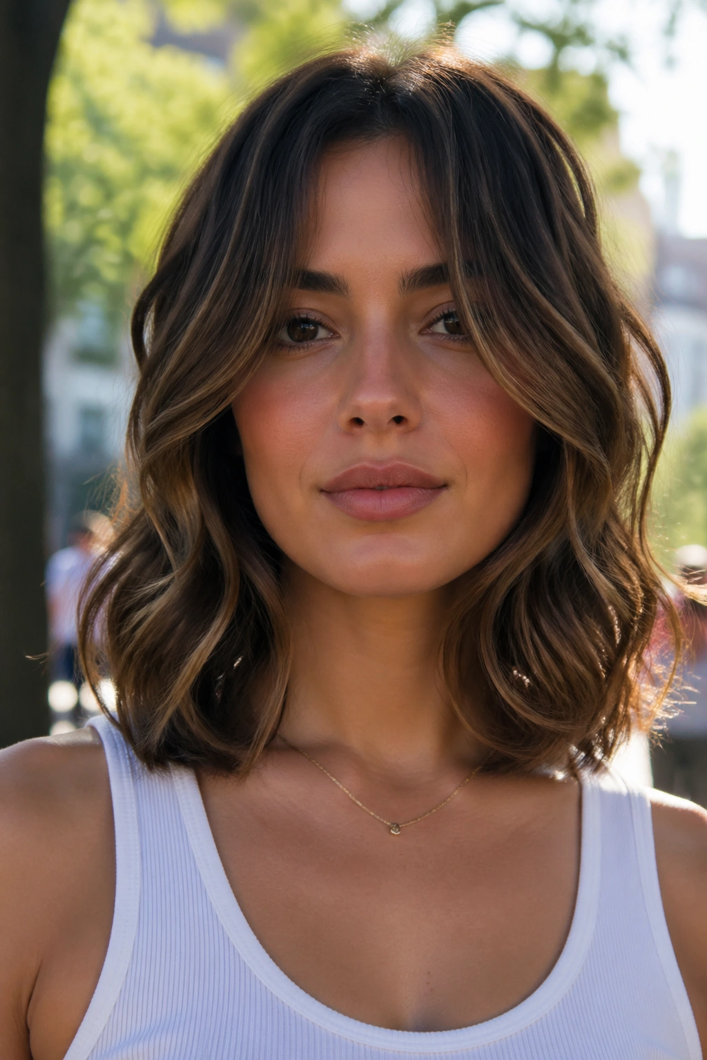 Close-up of a real woman wearing a face-framing butterfly cut for square jawlines.