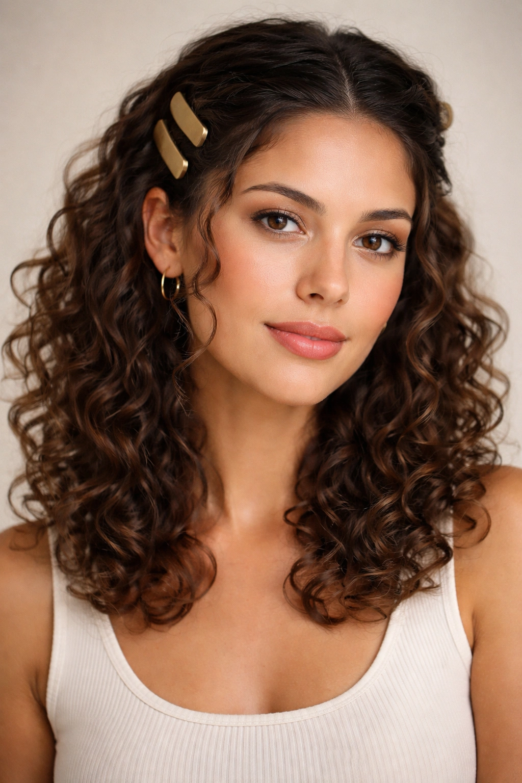 Front hair clipped back with two matte clips framing the face