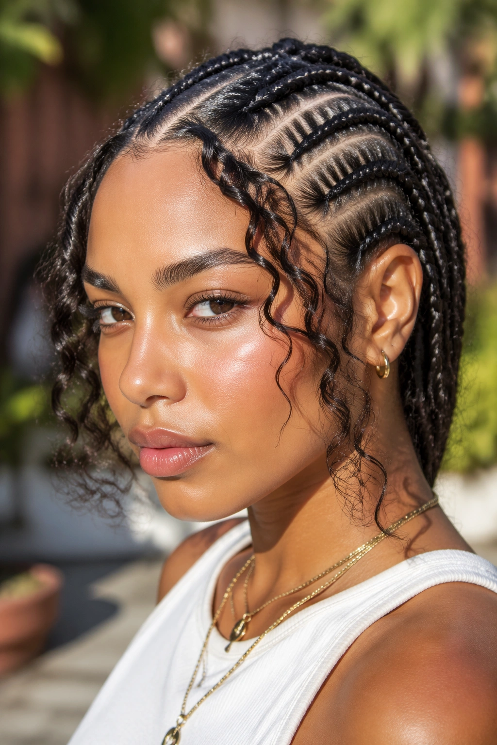 Close-up of bohemian cornrows with face-framing curls on a real woman outdoors