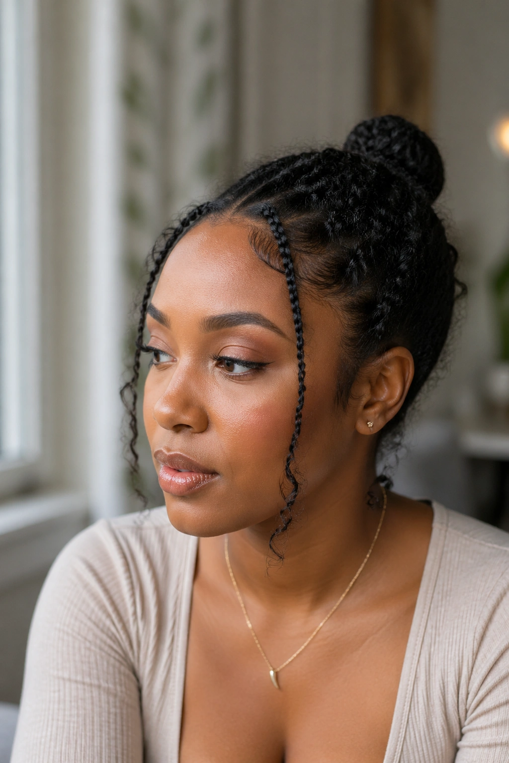 Close-up of a woman with face-framing cornrows and a small bun