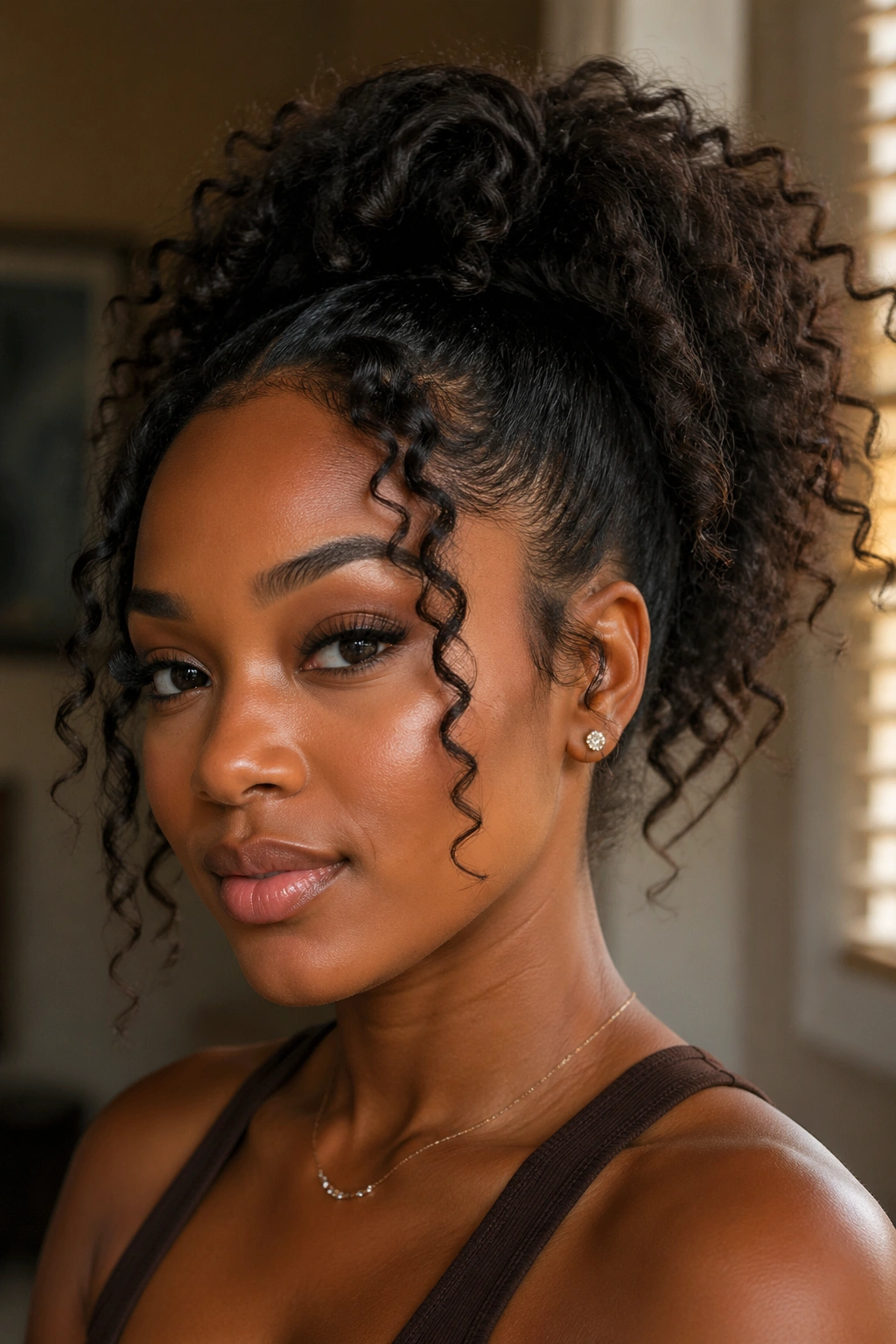 Close-up of a real Black woman with a face-framing curl ponytail