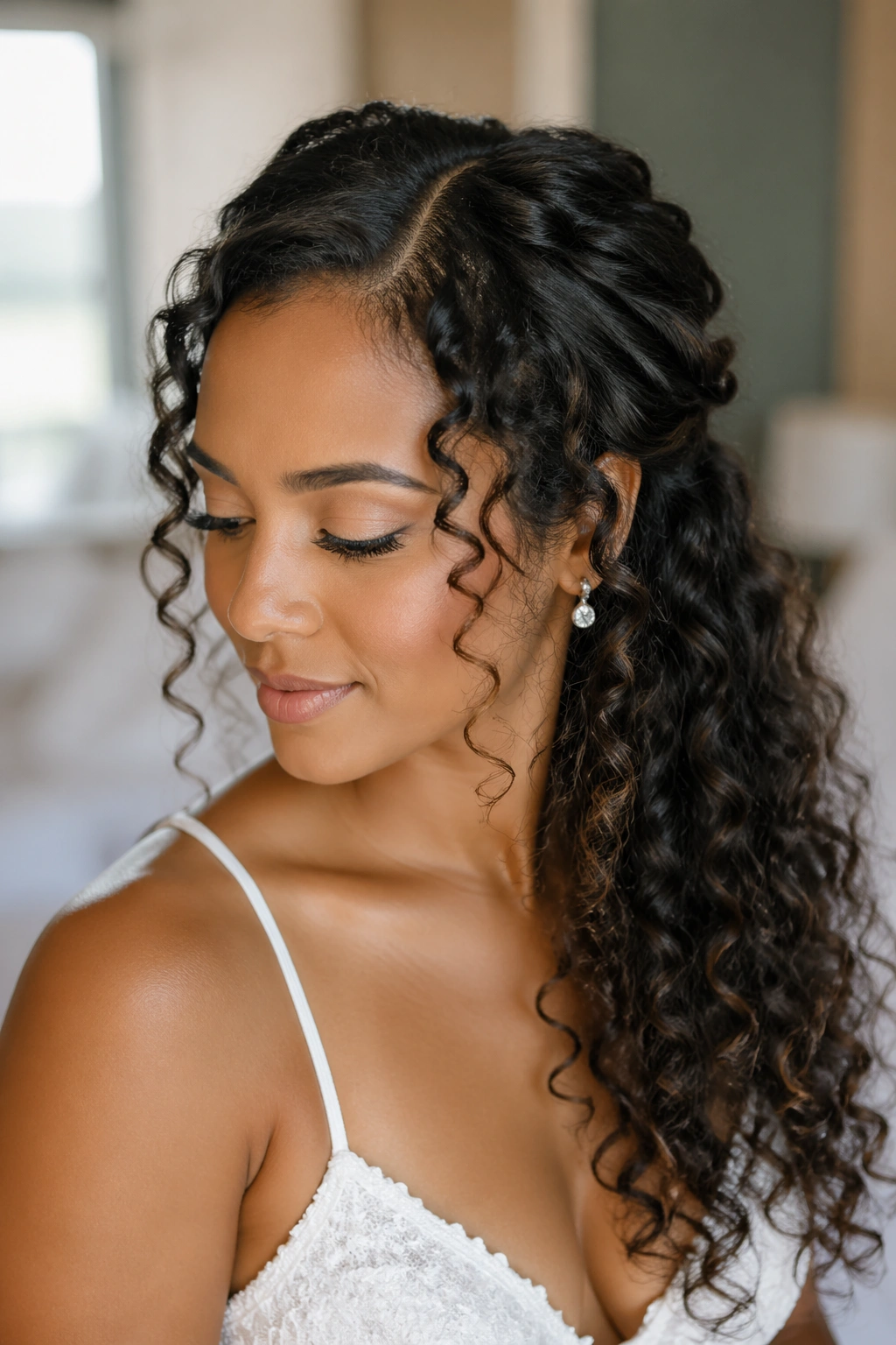 Close-up of a real woman with face-framing curls and deep side part