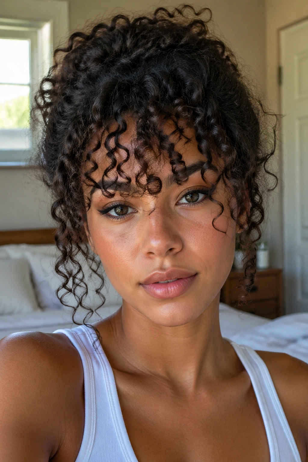 Close-up of a real woman showing face-framing curls without a cut across the forehead