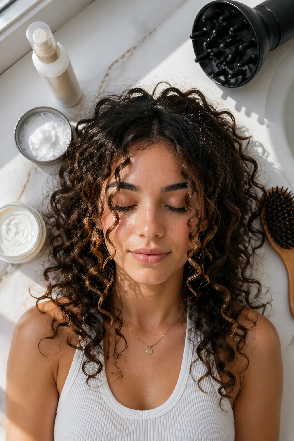 Overhead flat-lay of face-framing curls with styling products.