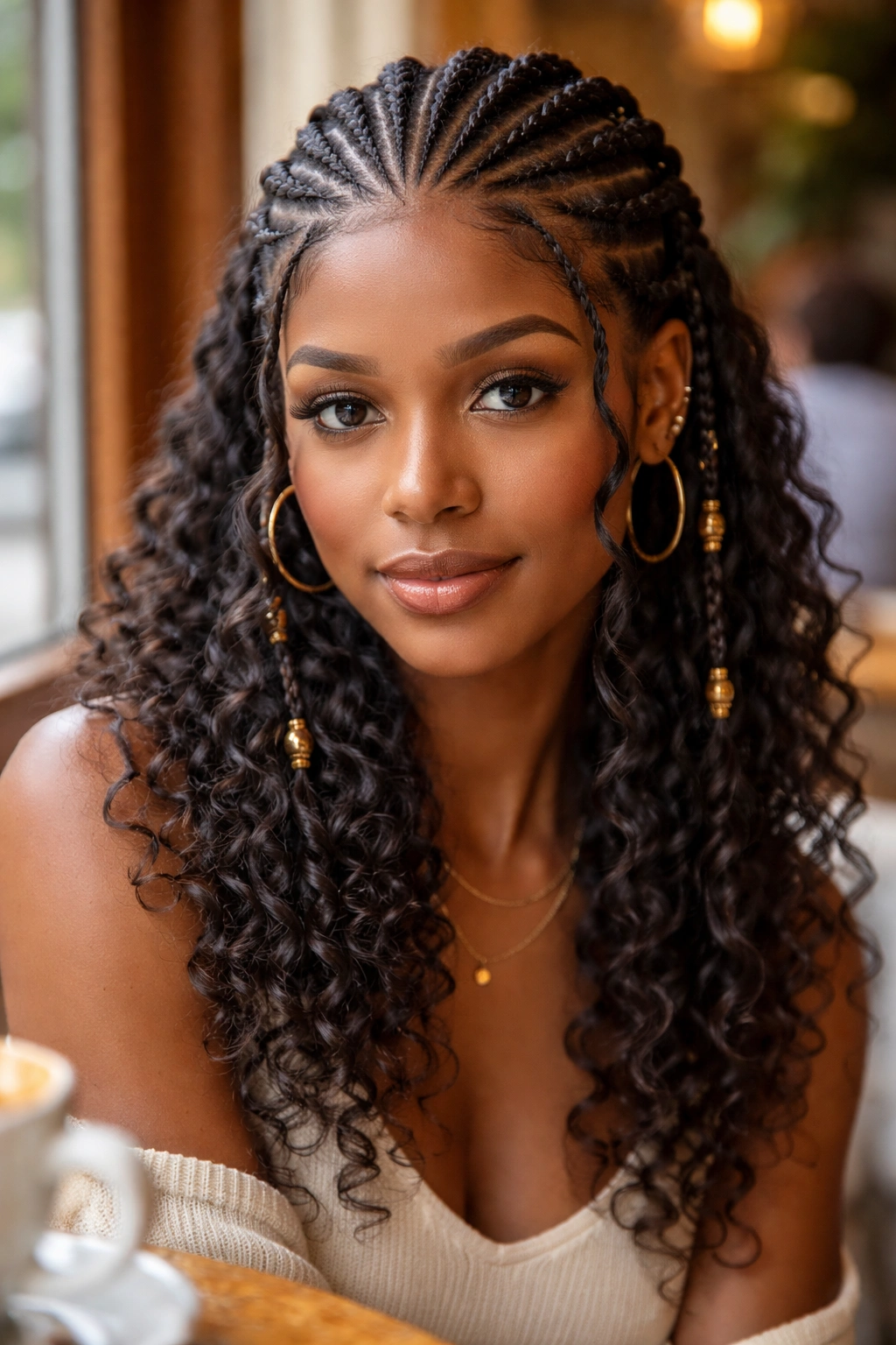 Close-up of Fulani cornrows with face-framing curls framing the face