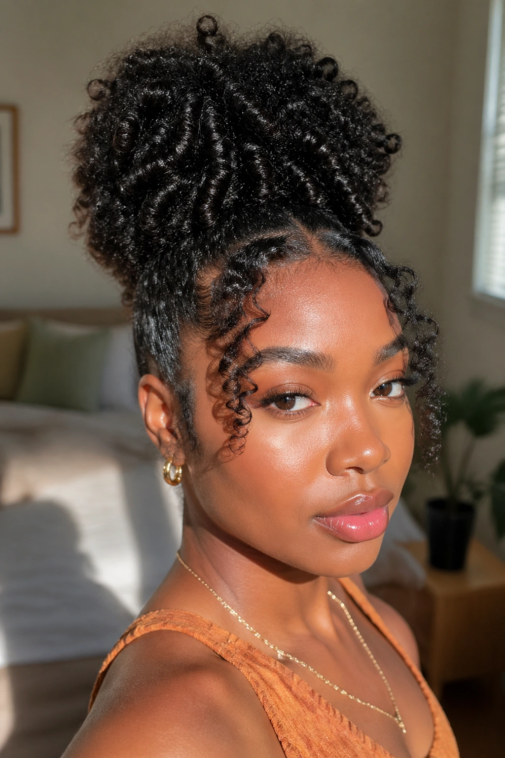 Close-up of a real woman with a high puff and front-face curl section.