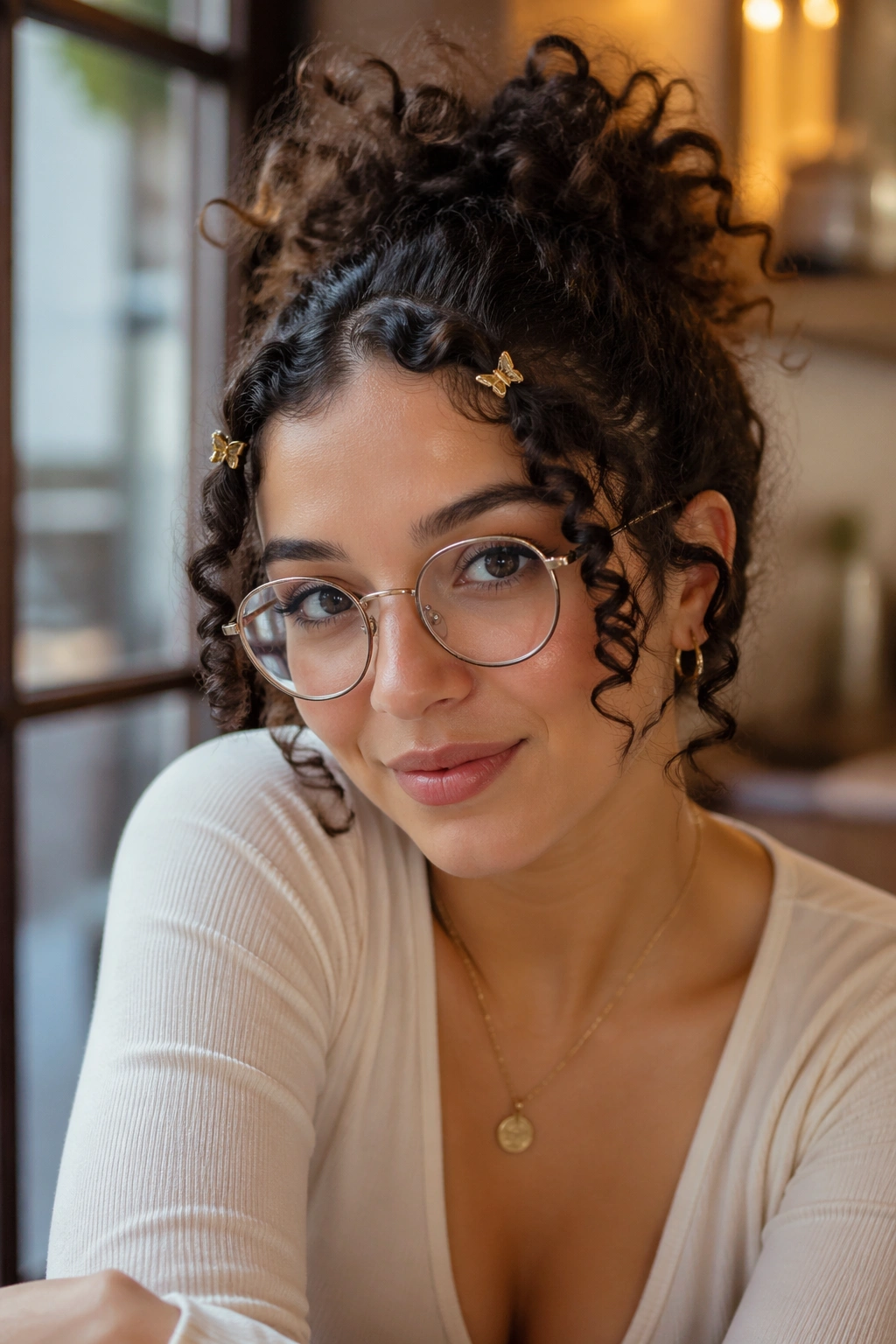 Close-up of face-framing curls secured with mini barrettes while wearing glasses