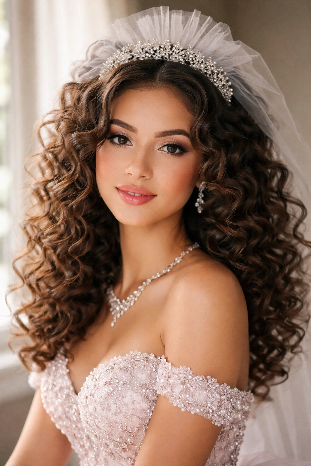 Medium close-up of face-framing curls with a delicate tulle tiara on a real person