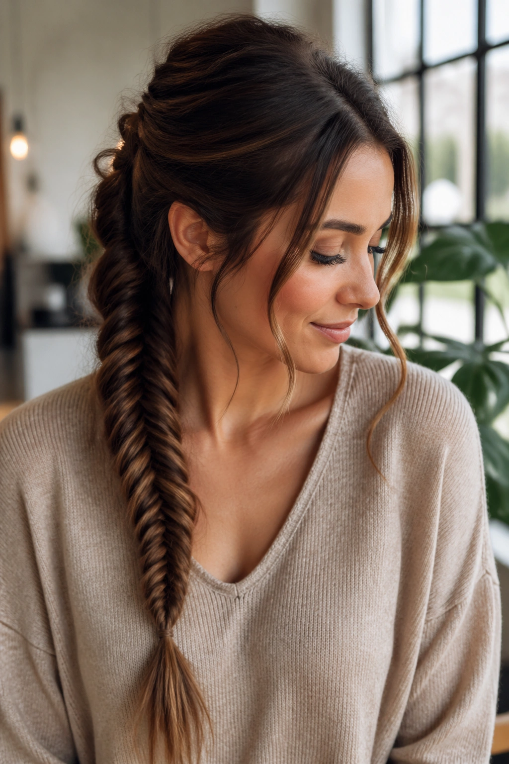 Close-up of a real woman with face-framing fishtail ponytail near temples
