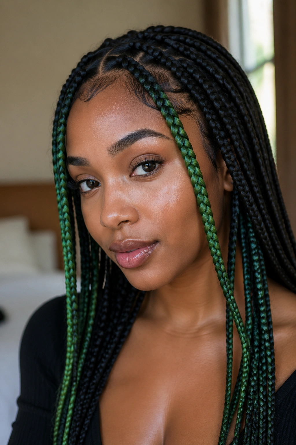 Portrait showing face-framing green braids around the hairline on a real person