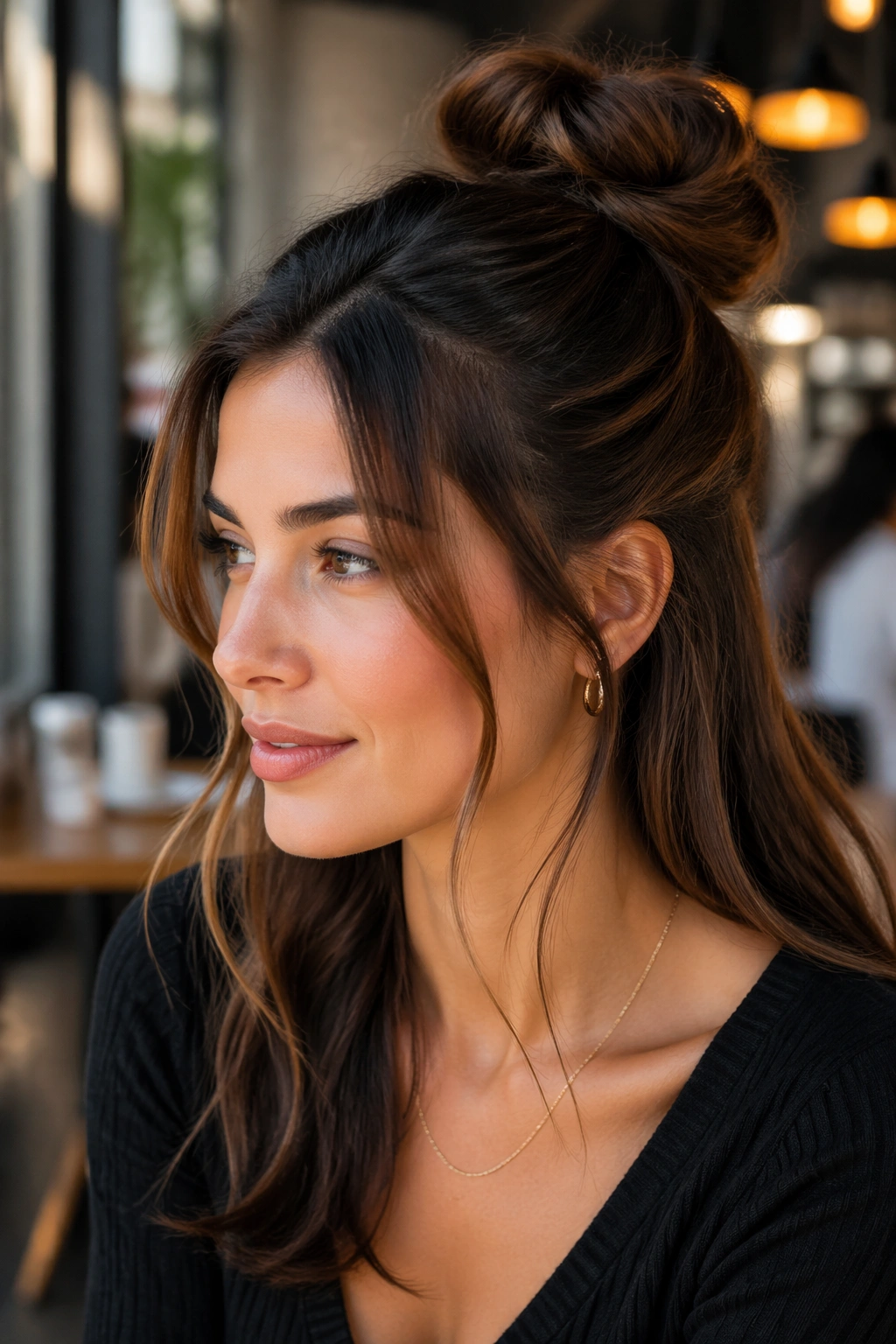 Close-up of a real woman with a half-up bun and face-framing pieces