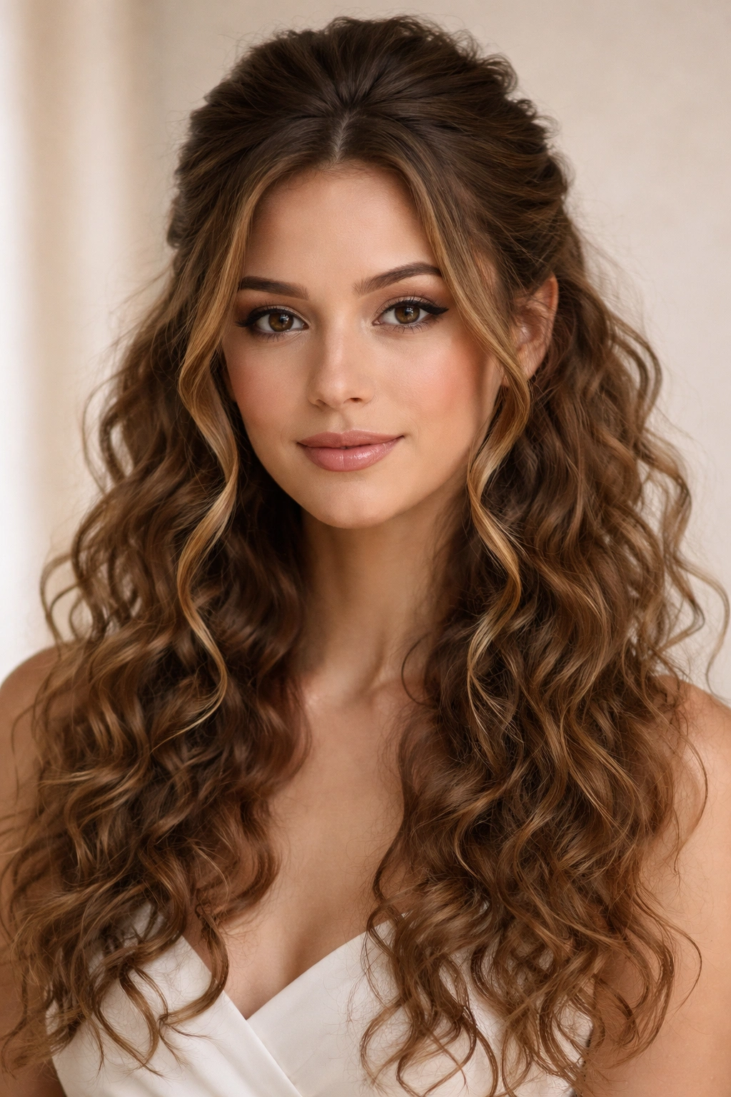 Face-framing half-up hairstyle with loose tendrils