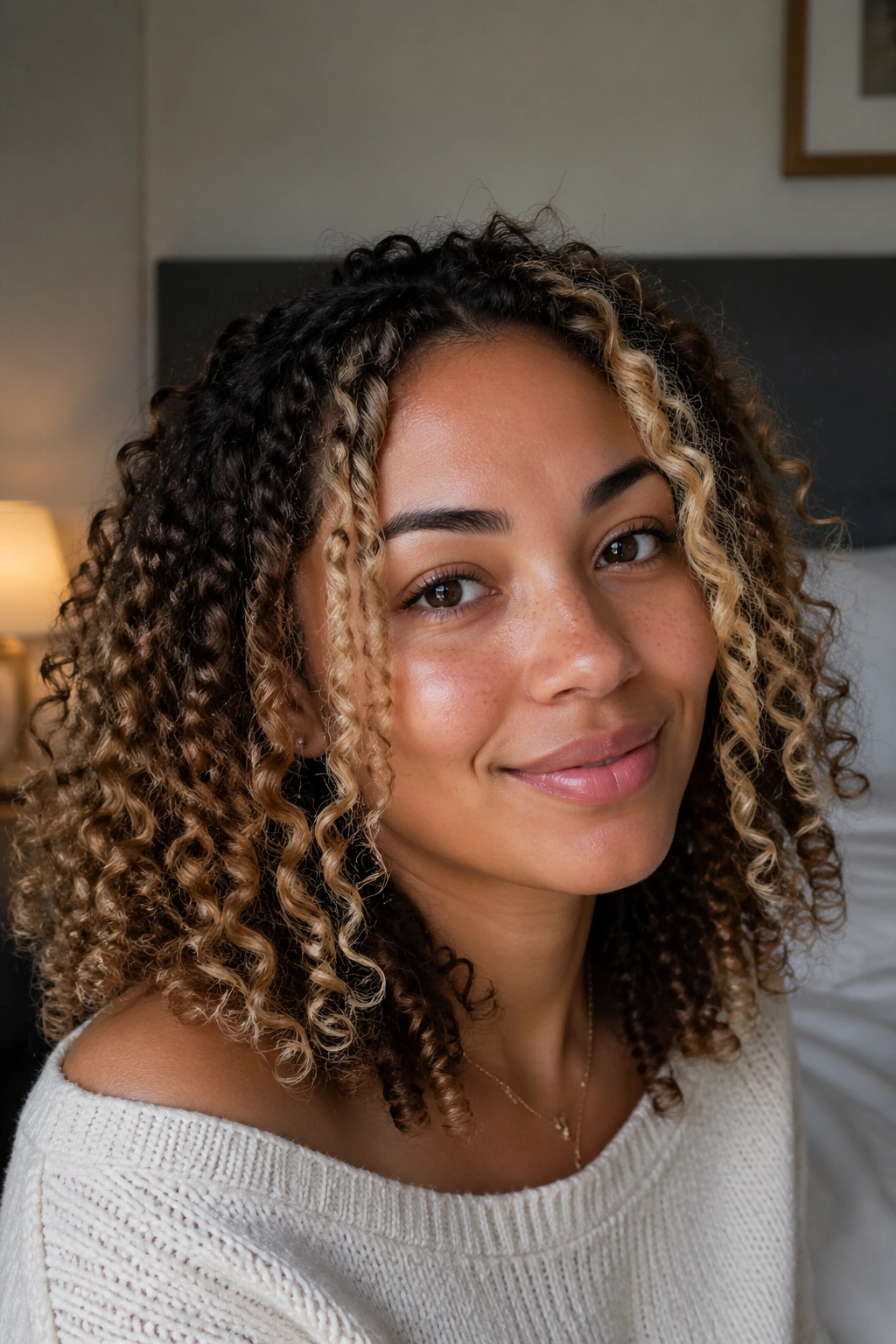 Close-up of a real woman with face-framing blonde highlights on natural curls, soft window light