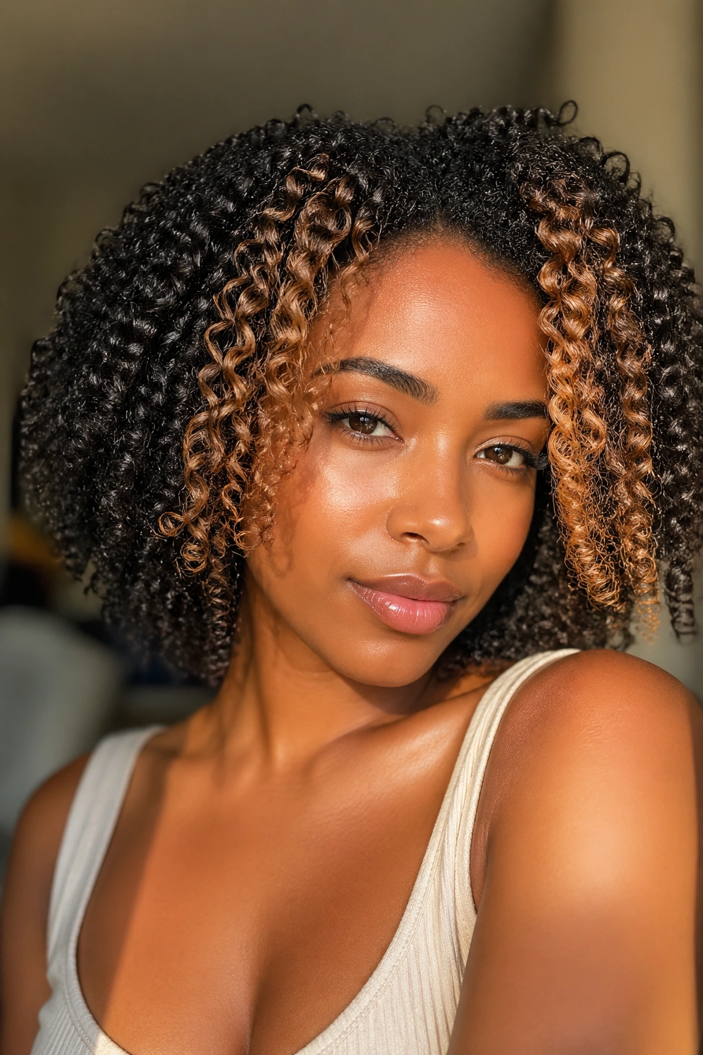 Close-up of a real woman's face with lighter front curls framing the face