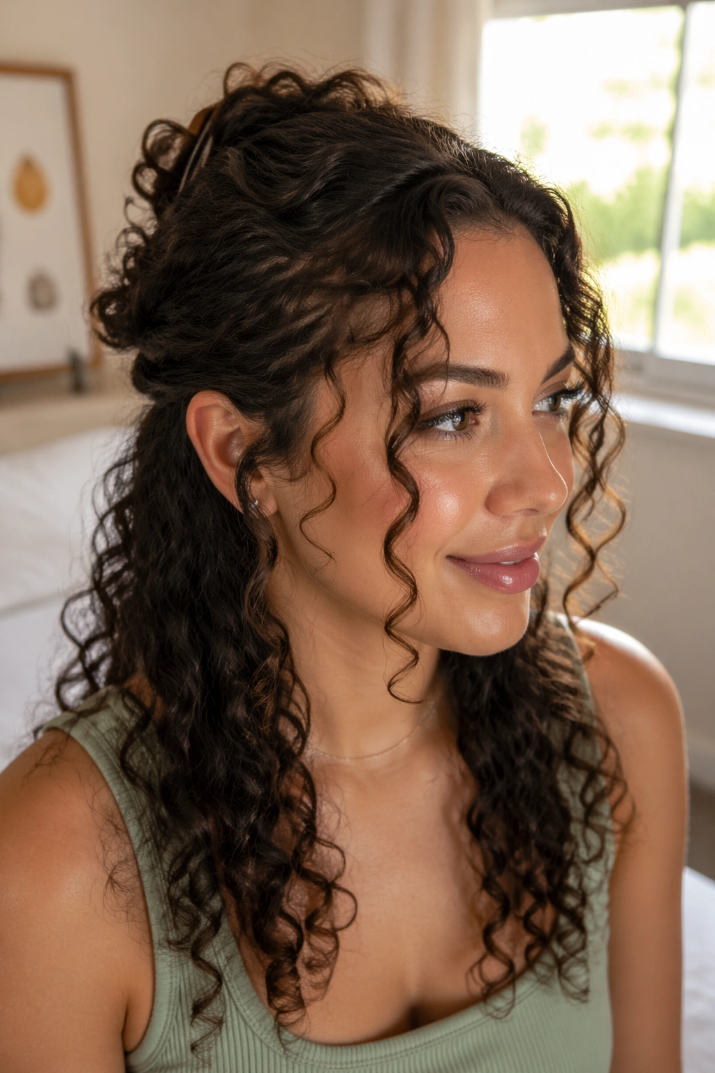Close-up portrait of a real woman wearing a face-framing half-up hairstyle with front curls framing the cheeks and a clip at the back hairline.