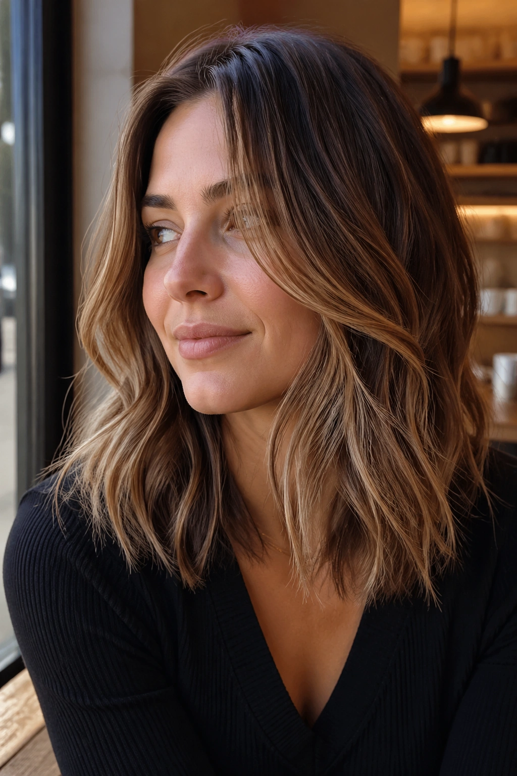 Close-up of a woman with face-framing layered lob.