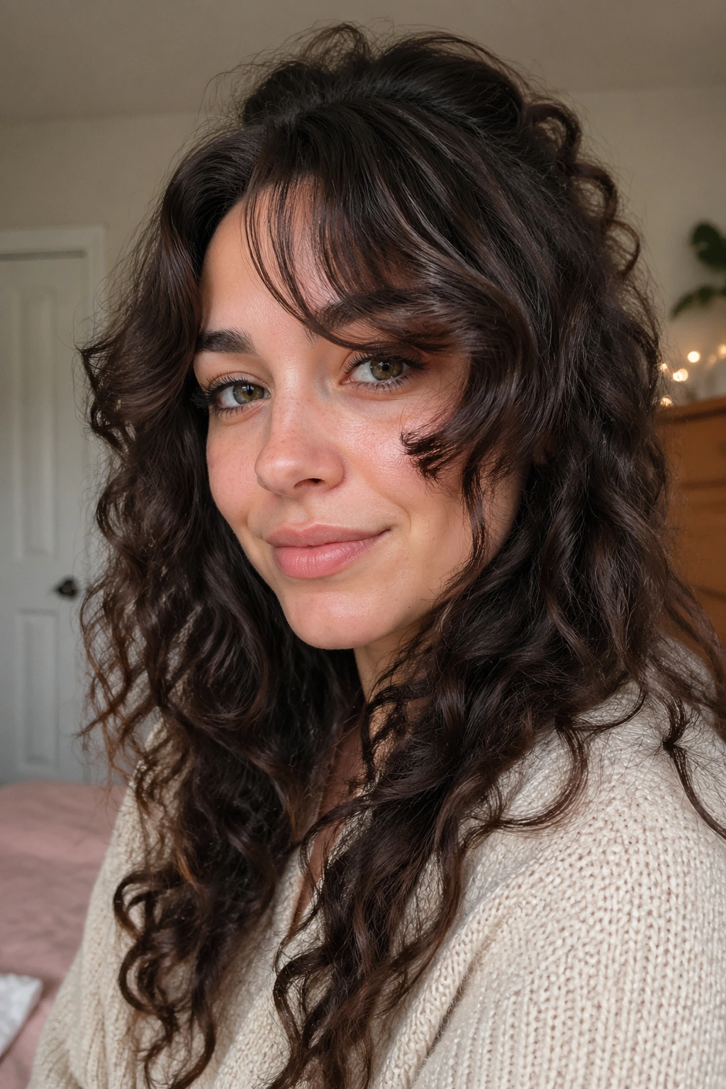 Close-up portrait of a real person with face-framing layers forming bangs