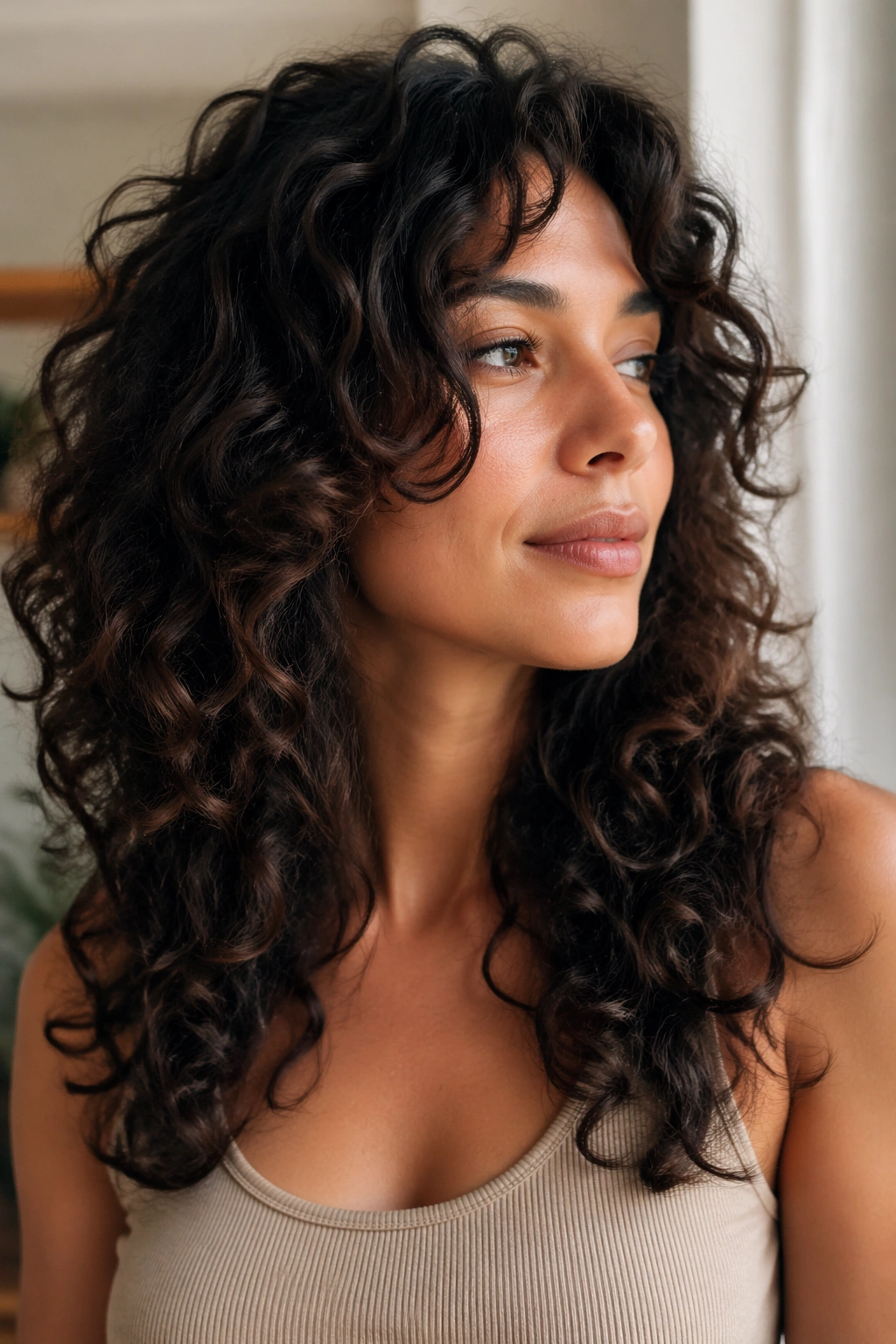 Close-up showing face-framing curls starting at the cheekbones.