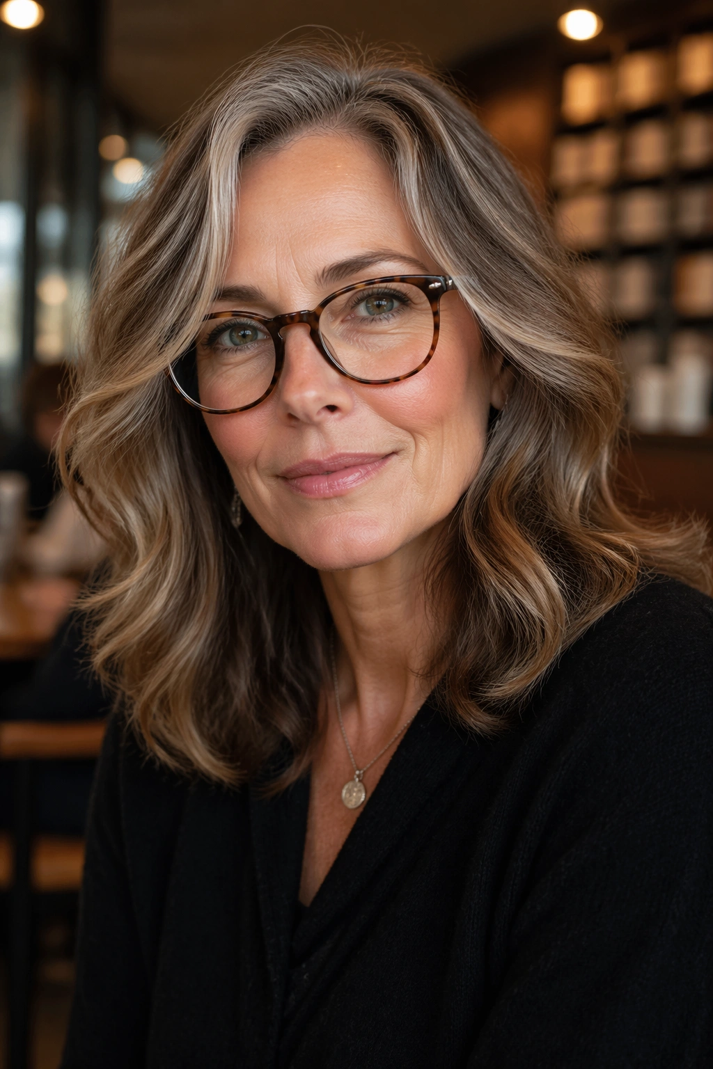 Real woman with cheekbone-length face-framing layers in soft indoor light.