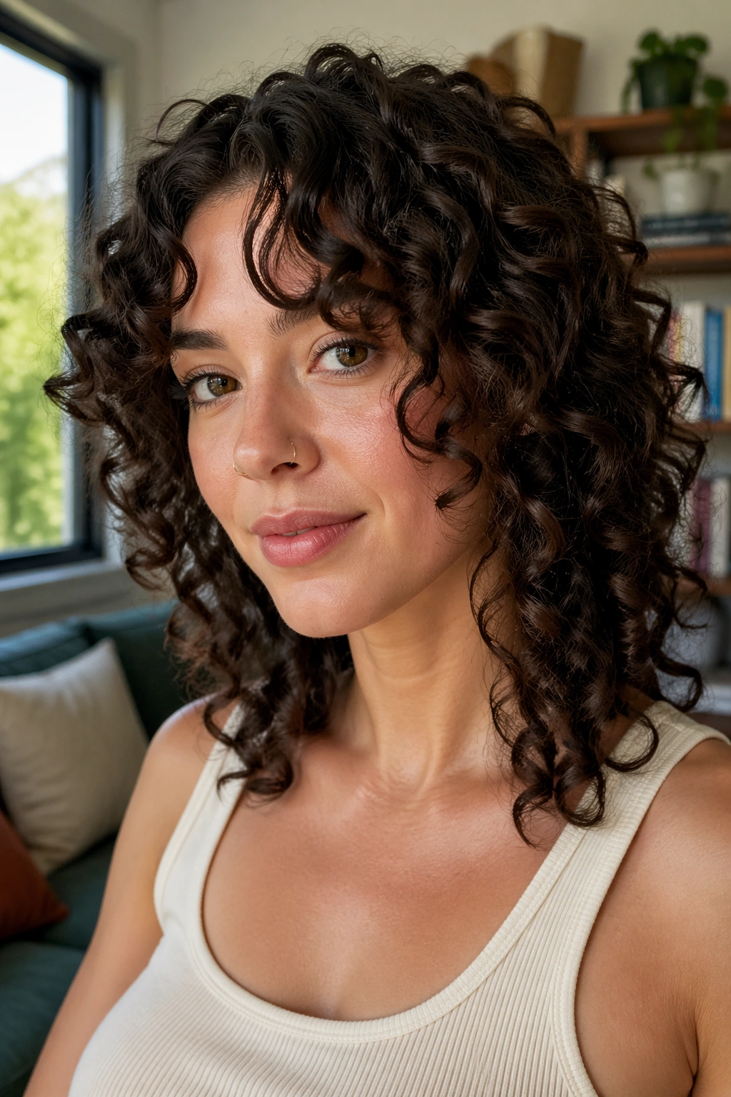 Portrait of person with face-framing curly layers.