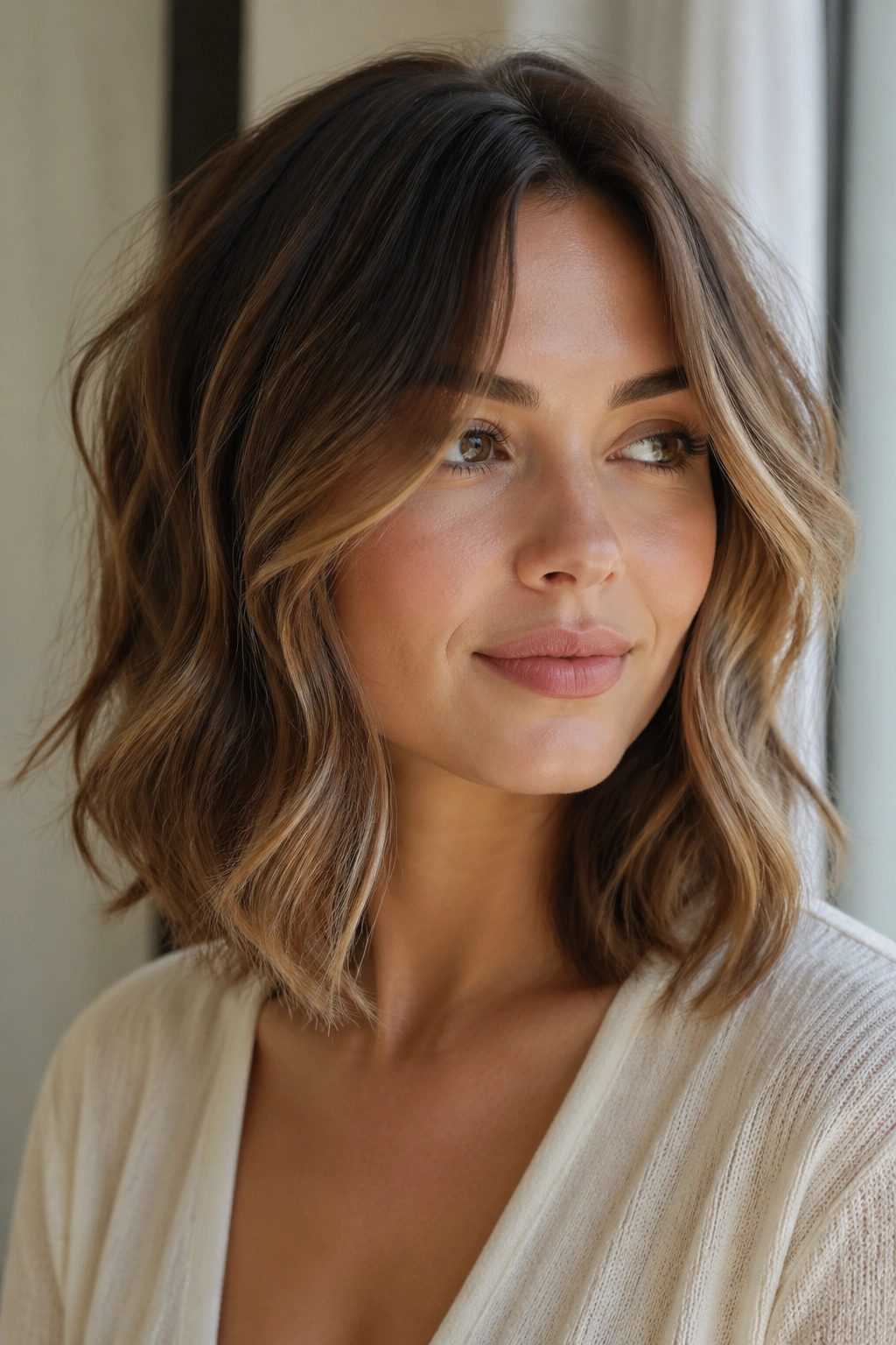 Portrait of a real woman with mid-length hair and face-framing layers