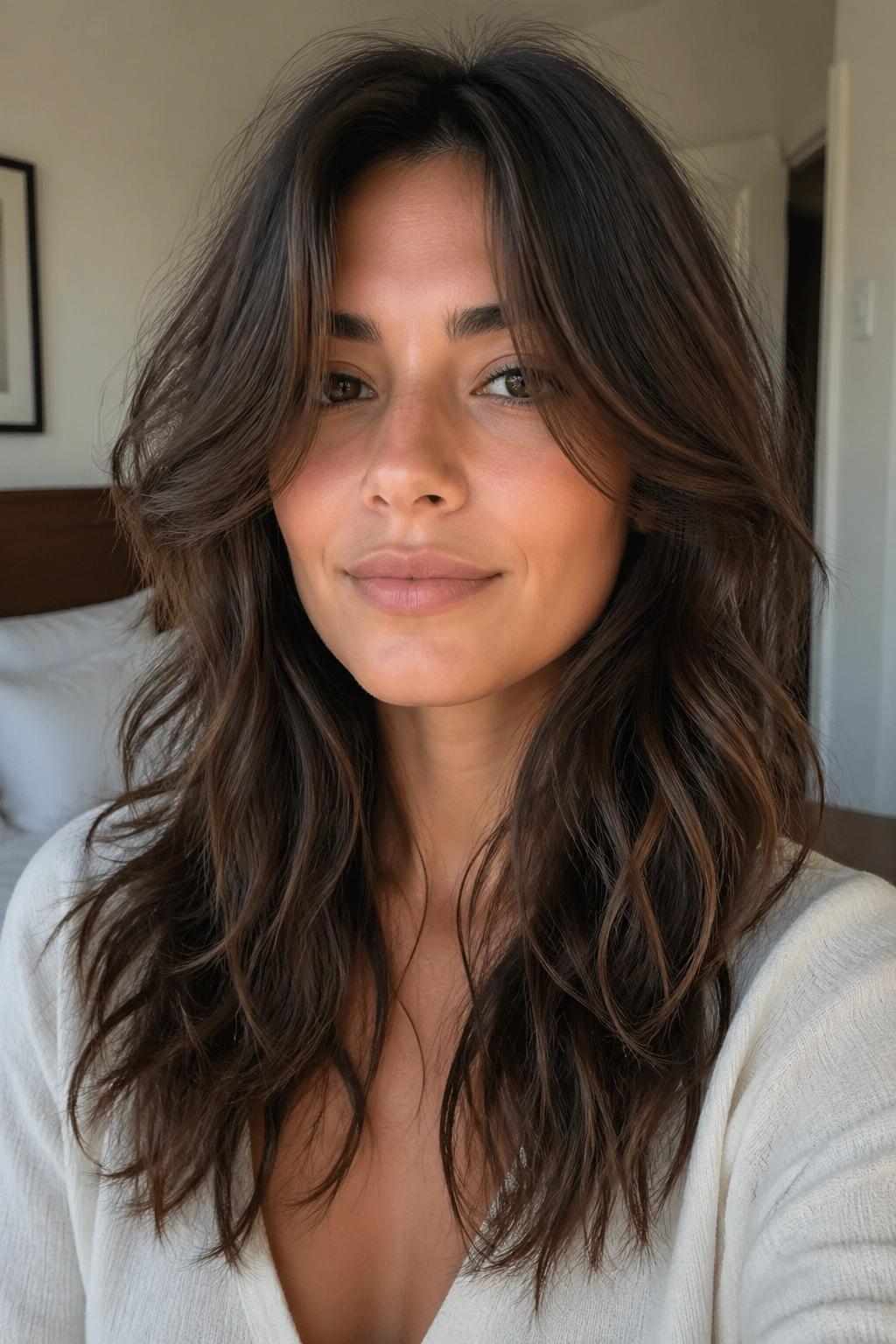 Close-up portrait of a real woman with Face-Framing Layers around the chin creating movement