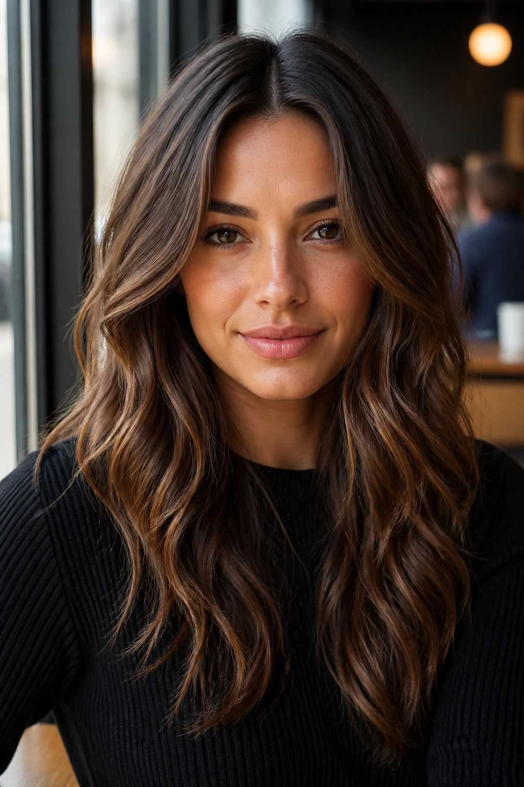 Close-up portrait of a real person with center part and face-framing layers by a sunny cafe window