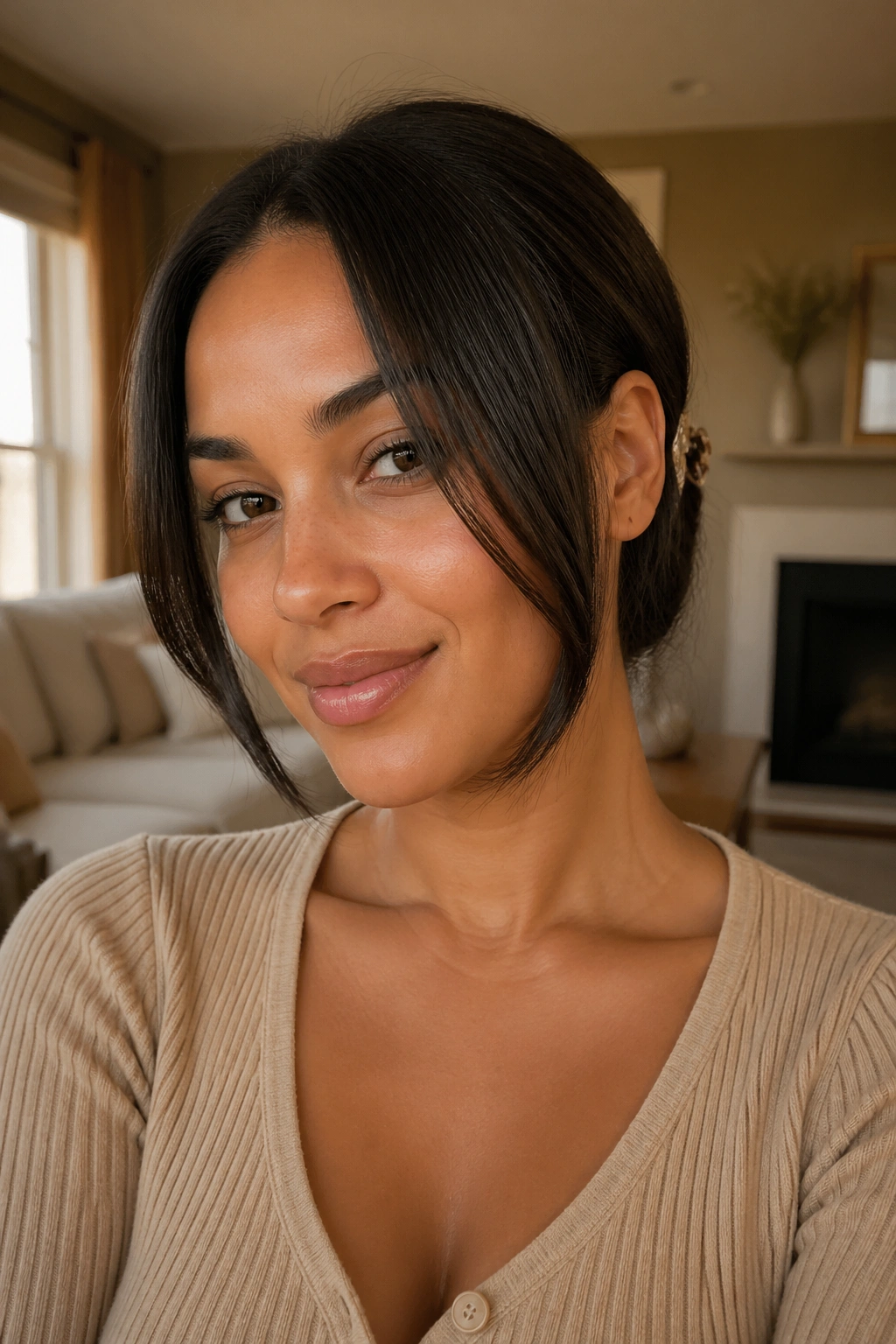 Close-up of a woman with face-framing layers tucked behind the ears