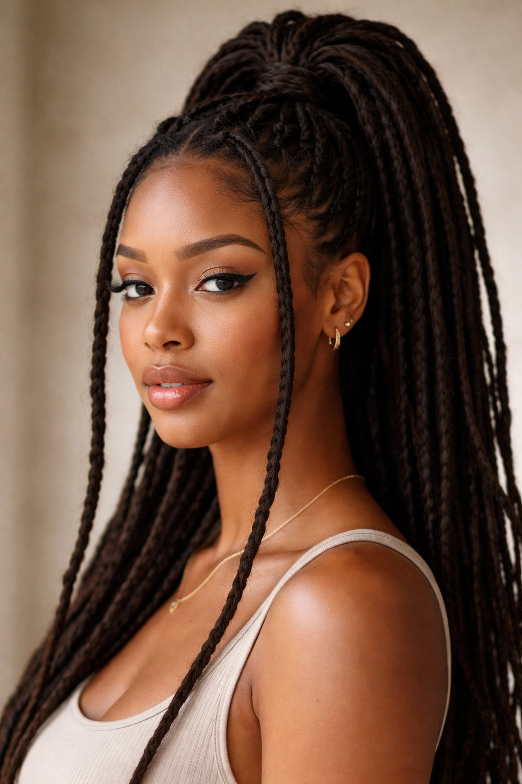 Close-up of face-framing locs in a high ponytail with front strands framing the face