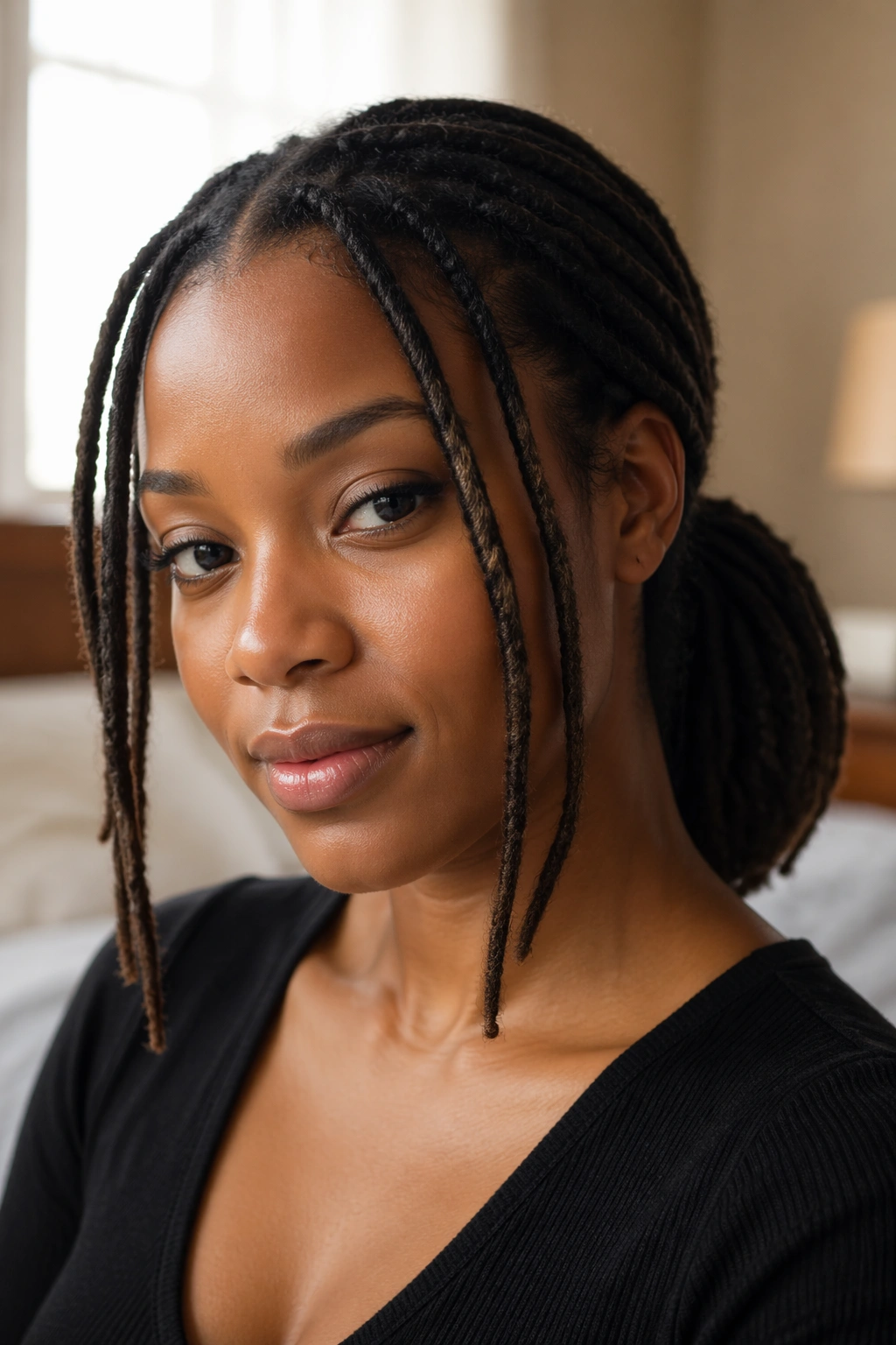 Portrait showing face-framing locs with a low ponytail.