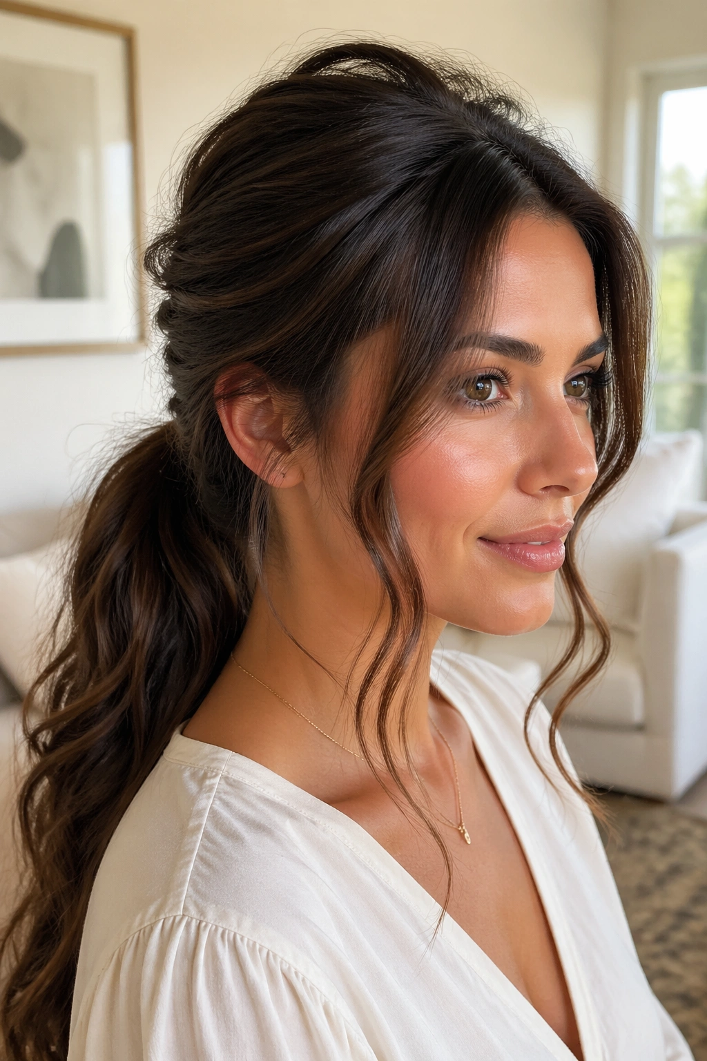 Close-up of a real woman with face-framing loose pieces shaping a soft low ponytail