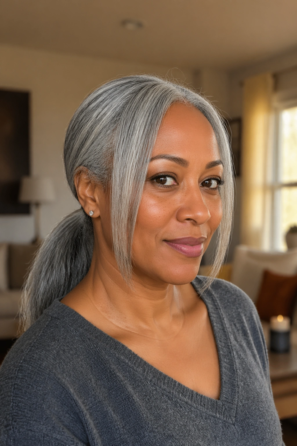 Close-up of a real woman with face-framing pieces and a low gray ponytail.