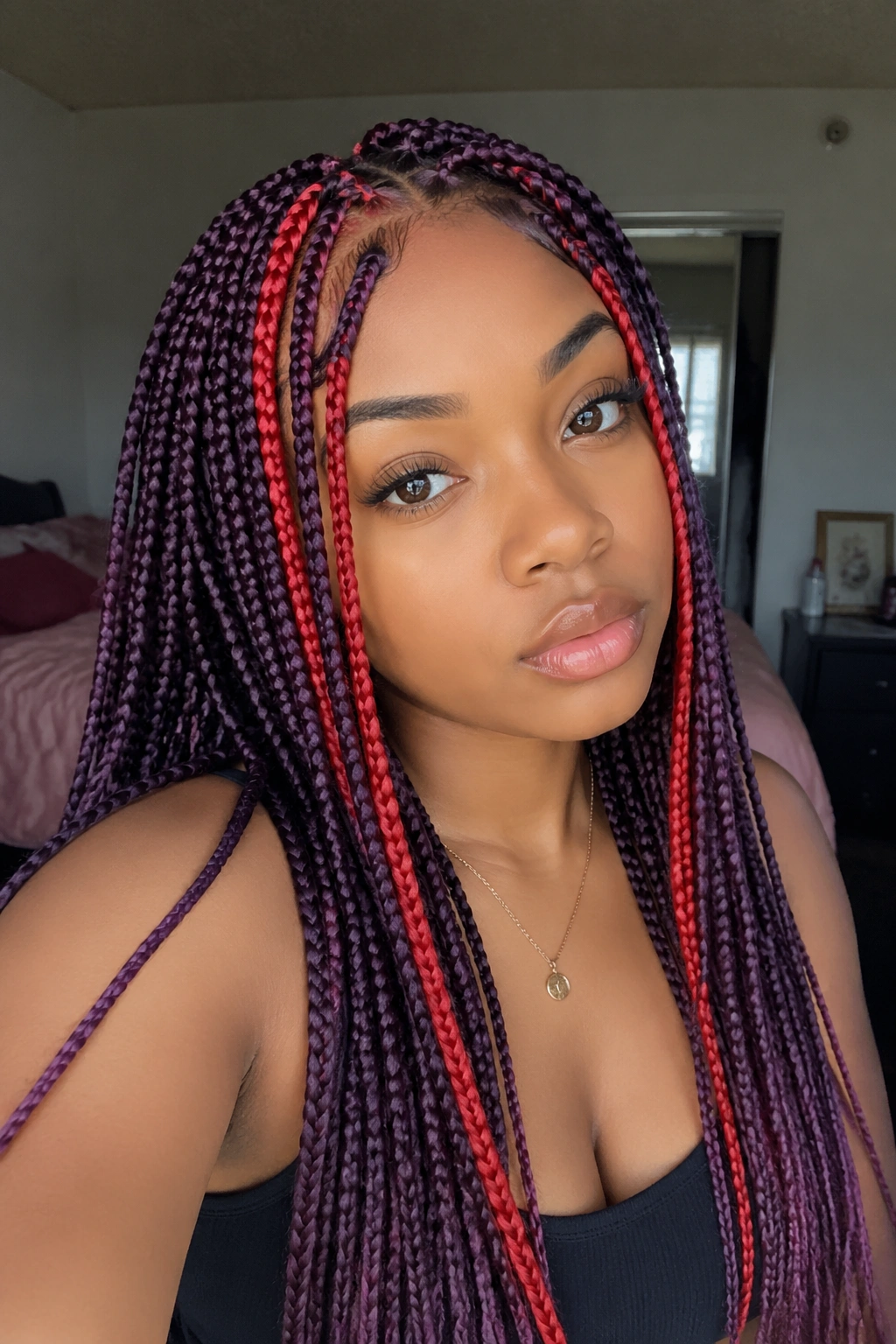 Close-up portrait of a real person with face-framing money pieces among purple box braids