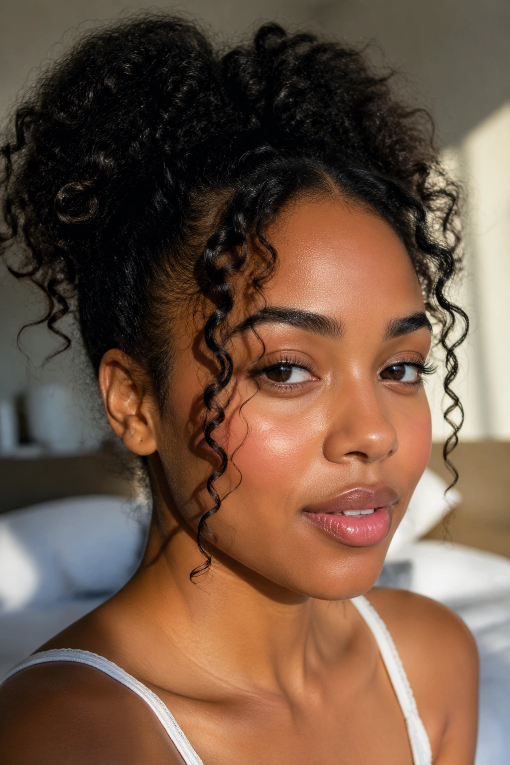 Close-up of a real woman with loose front curls framing her face in warm window light