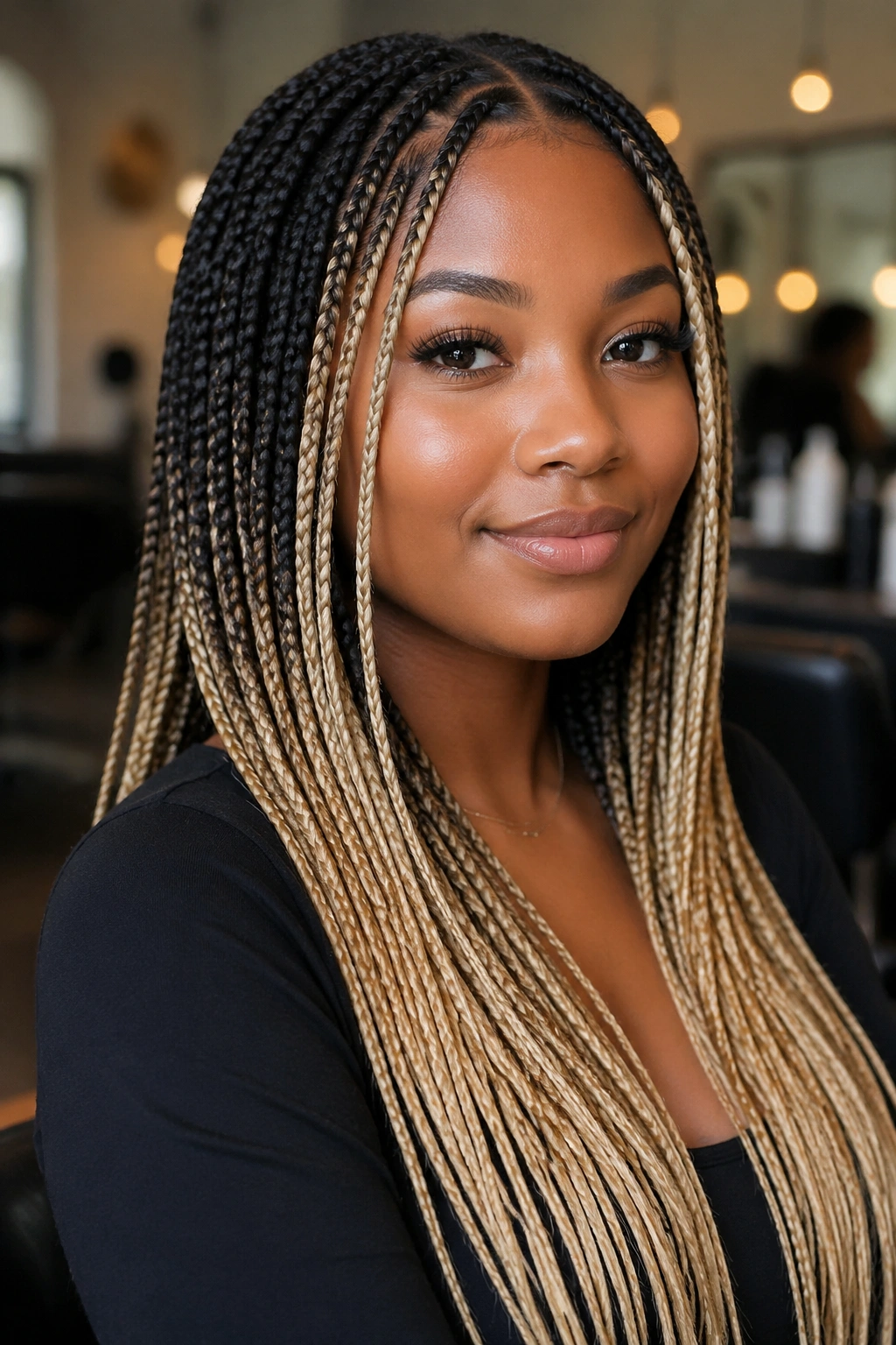 Close-up of a real woman with black-to-blonde ombré box braids, face-framing lighter front braids.
