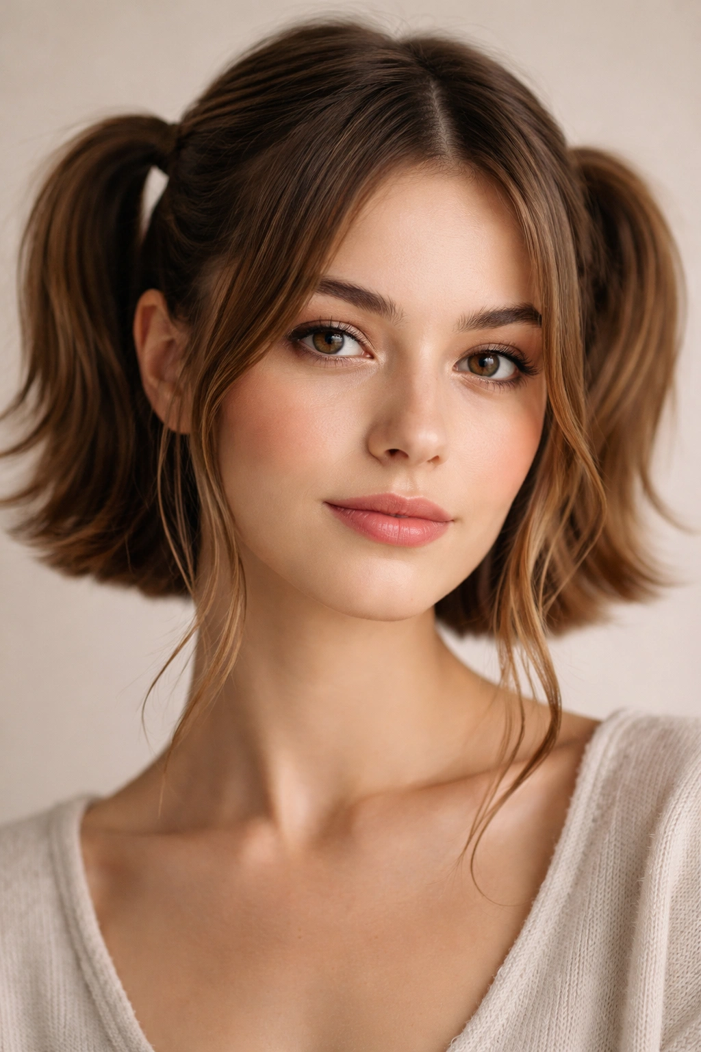 Face-framing mini pigtails with tendrils around a short bob