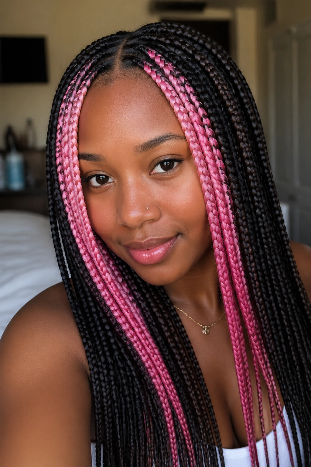 Close-up of a real woman with front pink ombré braids framing the face.