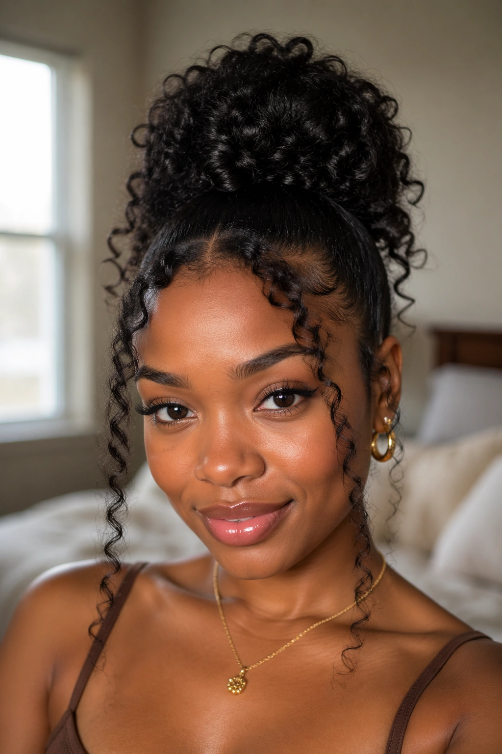 Portrait of a woman with a high ponytail and face-framing pieces.