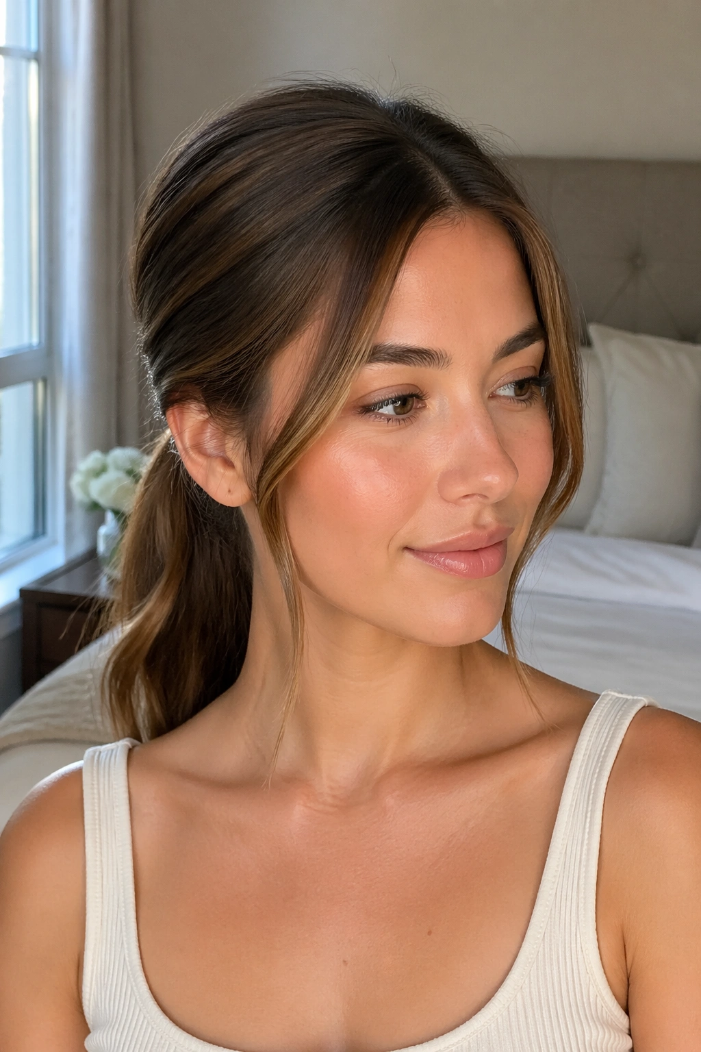 Close-up portrait of a woman with face-framing low ponytail and curved front pieces