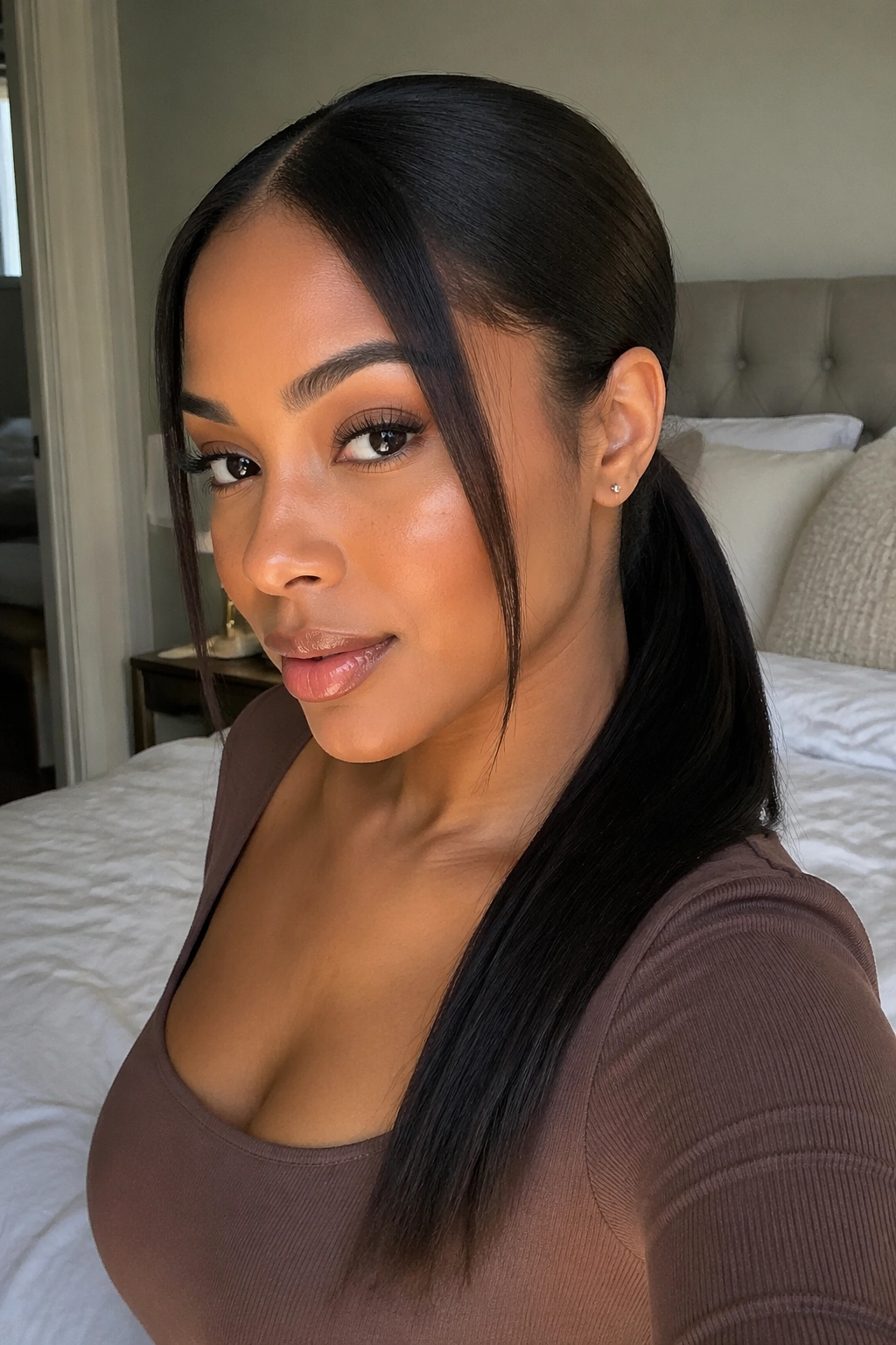 Close-up of a real woman's face-framing pieces framing a sleek low ponytail.