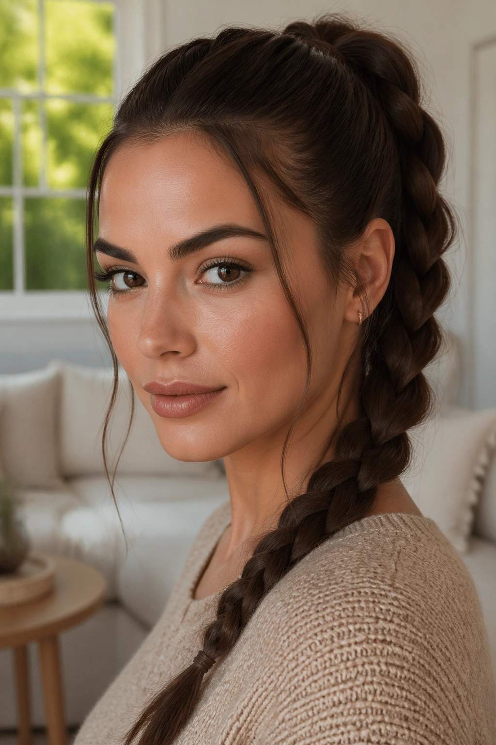 Close-up of a real woman with face-framing pieces in a brown braided ponytail