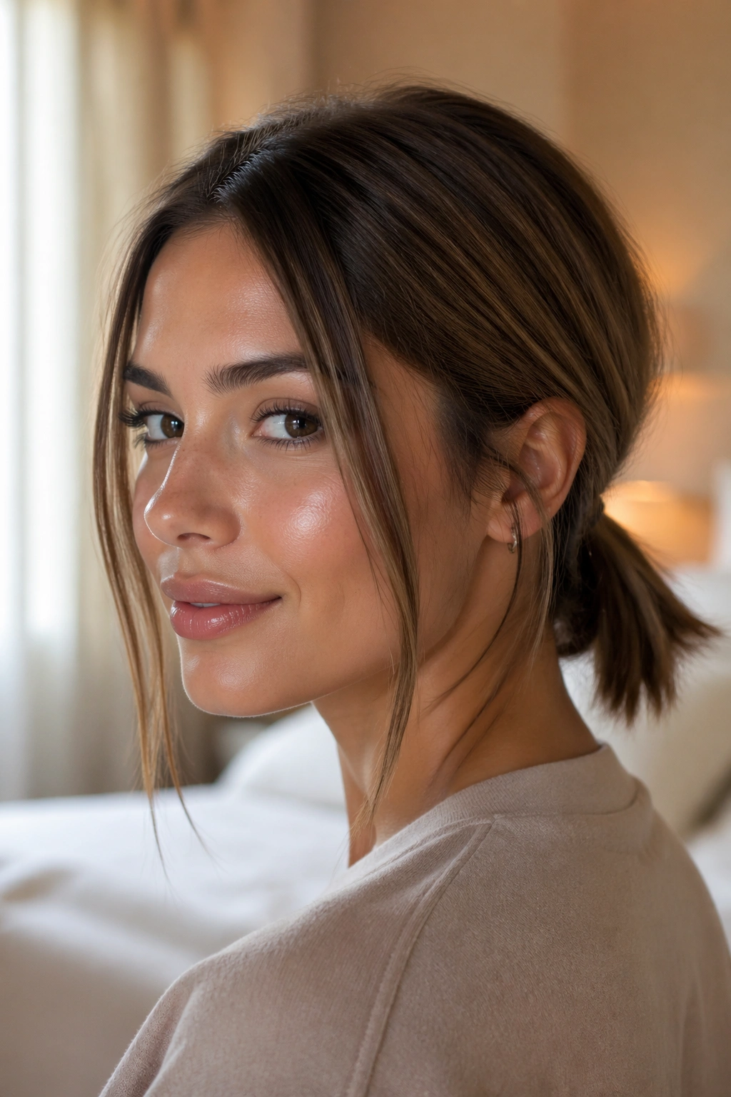 Portrait of a woman with two slim front strands left out of a ponytail