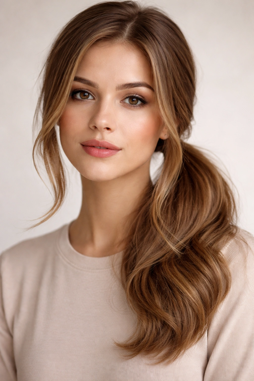 Close-up of face-framing side ponytail with front strands framing cheeks