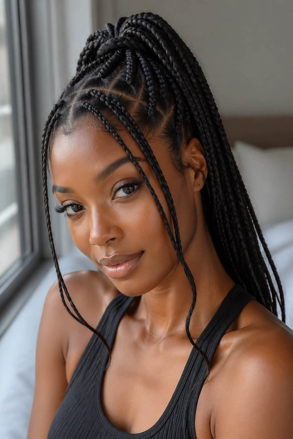 Close-up of a real person with a face-framing ponytail and loose pieces around the face